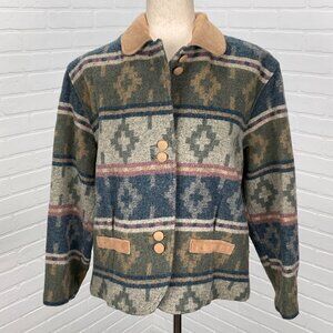 Woolrich Jacket Women Small Blue Green Blanket Aztec Diamond‎ Suede Wool VTG